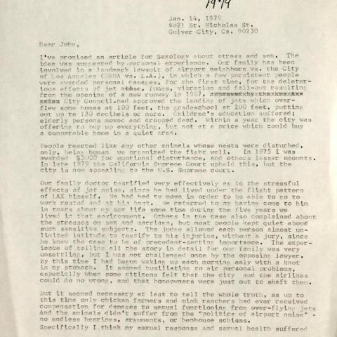 Page 1 of Dailey's letter to Money about noise pollution's impact on sex drive