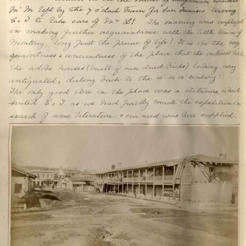 Journal page with a picture of an adobe building at Monterey