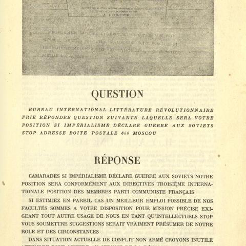 "Question" and "Réponse" (Response), Le Surréalisme au Service de la Révolution, Issue 1, page 1