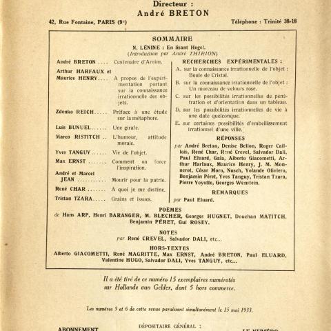 Contents table, Le Surréalisme au Service de la Révolution, Issue 6