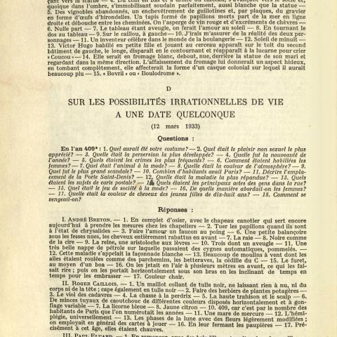 "Sur les Possibilités Irrationnelles de vie à une Date Quelconque" (On the Irrational Possibilities of life on Any Day), Le Surréalisme au Service de la Révolution, Issue 6, page 16