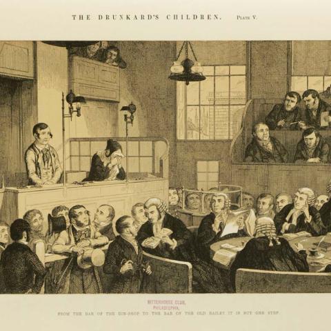 Courtroom scene with crying woman, jurists and citizens