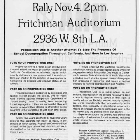Flyer: No On ONe: Rally Nov. 4, 2pm. Fritchman Auditorium 2936 W 8th L.A.