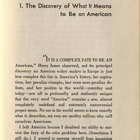 First page of essay, The Discovery of What It Means to Be an American, in Nobody Knows My Name: More Notes of a Native Son, 1961