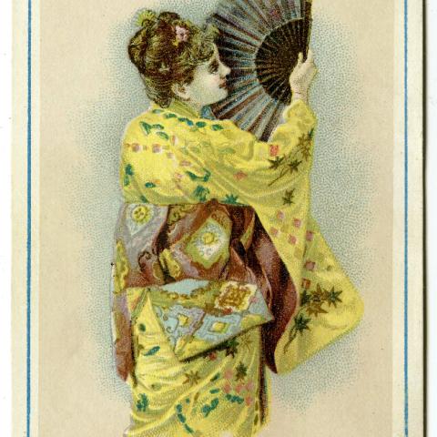 Female character in a kimono holding a fan from the Gilbert and Sullivan opera "Mikado" 
