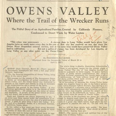 Newspaper article, "Owens Valley, Where the Trail of the Wrecker Runs," by Frederick Falkner