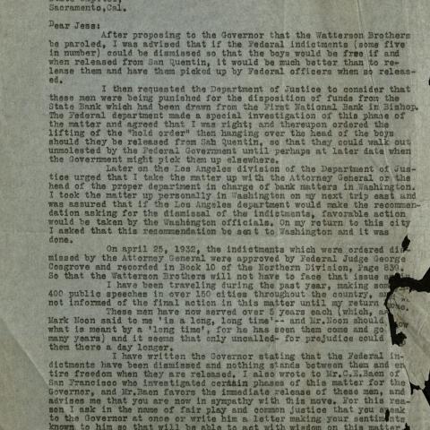 Letter the Assistant Attorney General for the release of the Watterson brothers