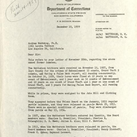 Letter to Andrae B. Nordskog from the Department of Corrections