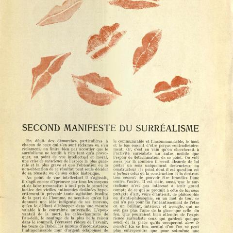 "Second Manifeste du Surréalisme" (Second Manifesto of Surrealism), La Révolution Surréaliste, December 1929, page 1. NX1 .R48
