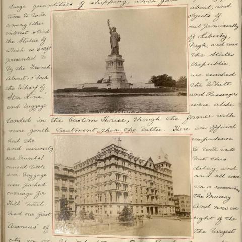Journal page with two photos, the Statue of Liberty and the Murray Hill Hotel