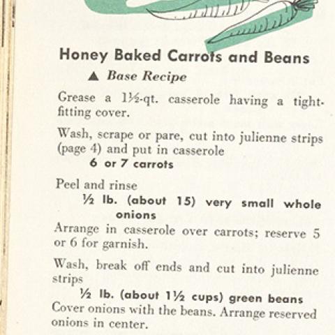Page 46 Honey Baked Carrots and Beans, volume 1, issue 102, Cooking magic : fabulous foods step-by-step cookbooks, by  Culinary Arts Institute, 1954, TX715 .C95 1954 v.1 no.102