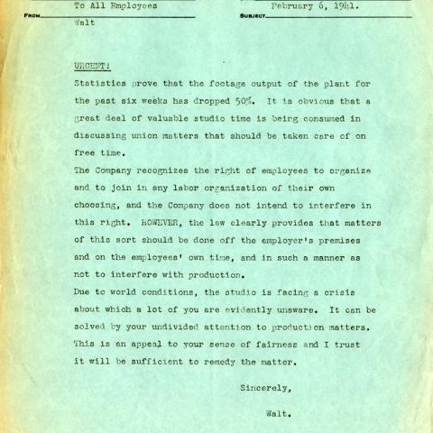 Memo from Walt Disney directing staff to discuss union matters outside work hours