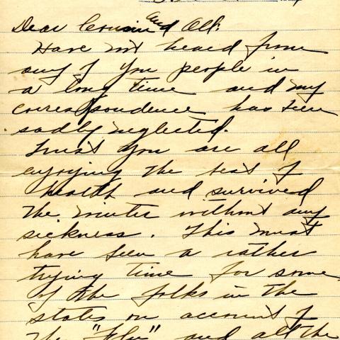 First page of Flanders' letter to his cousin Mrs. Jason Coppernoll, February 26, 1919