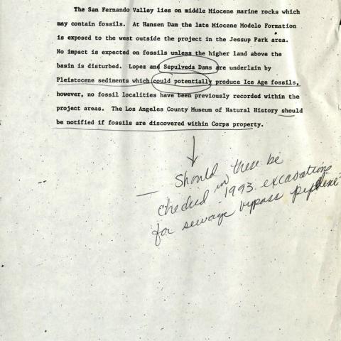 Paleontology report that notes that the Sepulveda Dam area "could potentially produce Ice Age fossil". Susan B. Nelson Collection