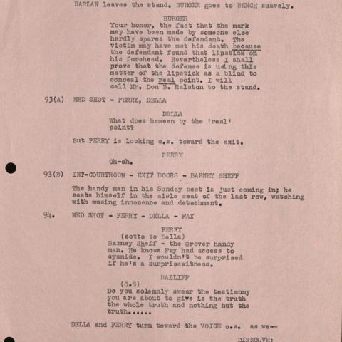 Teleplay, Perry Mason, "The Case of the Crimson Kiss," by Milton Geiger, Walter Doniger, and Joel Murcott, 1957