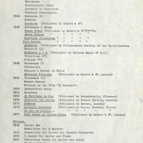 Typed paper detailing Smith Brindle’s guitar works page 1