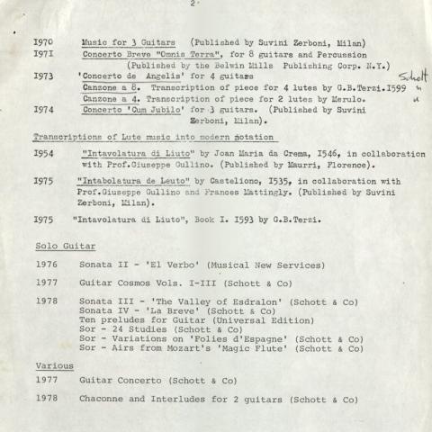 Typed paper detailing Smith Brindle’s guitar works, page 2