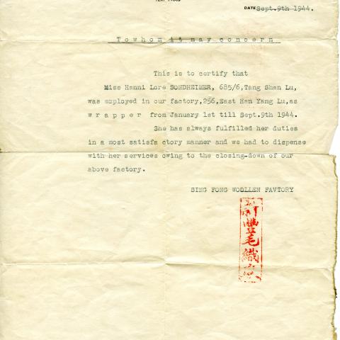 A work permit for Hanni-Lore Sondheimer from Sing Fong Woolen Factory, September 9th, 1944