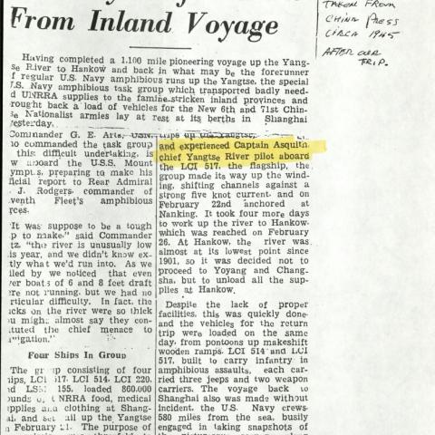 Newpaper clipping in China Press discussing ships which traveled up the Yangste River near Shanghai, China