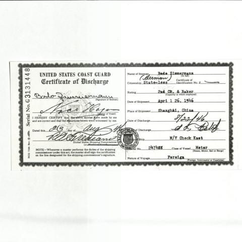 Document of discharge from the United States Coast Guard for Bodo Zimmerman, August, 22, 1946
