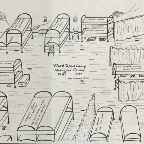 Drawing of the living quarters at Ward Road Camp, Shanghai where Zimmerman lived from 1942 to 1945