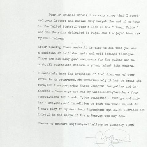 Letter from Andres Segovia to Reginald Smith Brindle