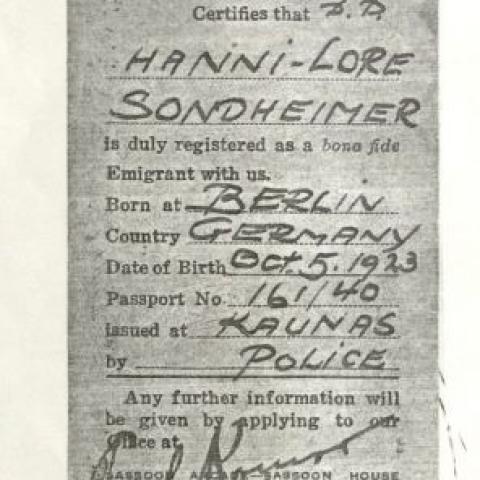 Identification document certifying that Hanni-Lore Sondheimer is a refugee