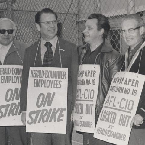 Senator Vance Hortke visits the Los Angeles Herald-Examiner picket line.