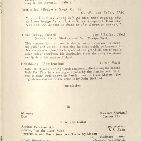 Listing in program for premiere performance of a work by Sibelius, 1950