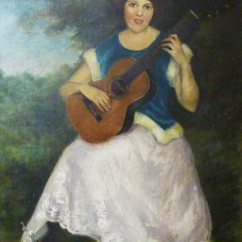 Oil Portrait of Vahdah Olcott-Bickford holding a guitar