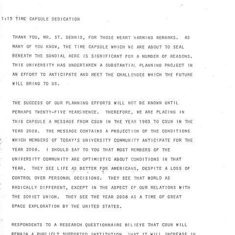 First page of University President James Cleary’s comments on the day of the time capsule’s interment