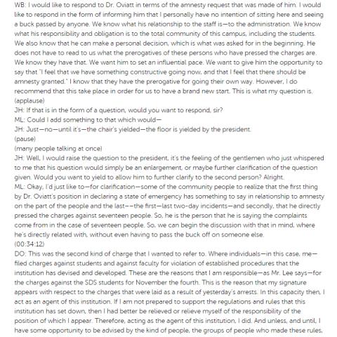 Transcript of negotiation meeting on January 10, 1969 in which Bill Burwell (WB) with the support of SDS President Mike Lee (ML) asked Acting President Delmar Oviatt (DO) to grant amnesty to CSUN students who were arrested by LAPD officers on campus in late 1968 and early 1969, Campus Unrest Process Committee Recordings, Part 1