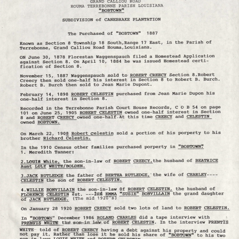 The Purchased of “BOBTOWN” text, prepared by Ethel “Sally” Celestin Dillon in 1996 showing Robert Celestin's purchase. TBC.RCH