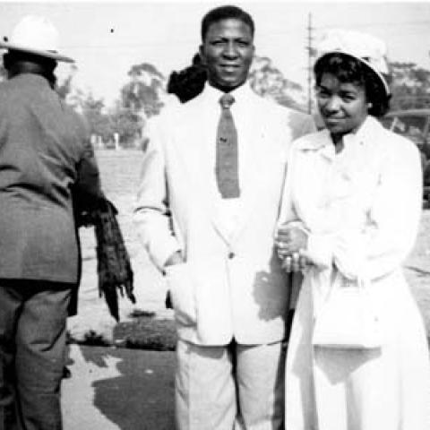 Mr. and Mrs. Raymond Carter going to services at Community Baptist Church in Pacoima, 1950