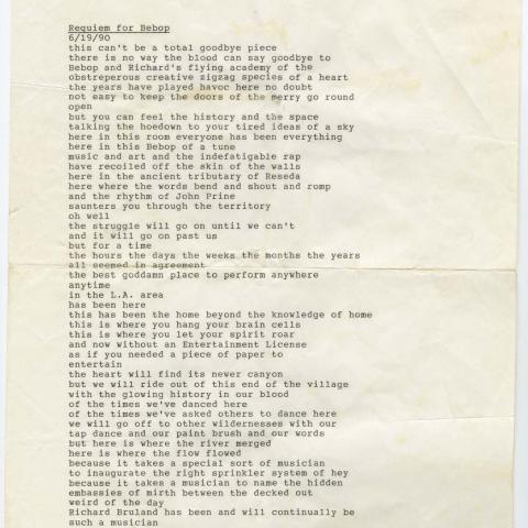 “Requiem for Bebop” poem, June 19, 1990