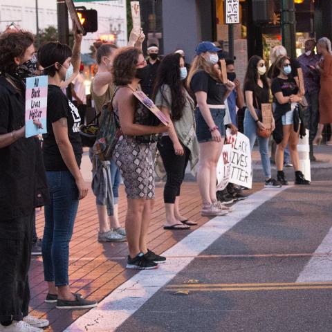 Unidentified individuals hold handmade posters during a demonstration organized by Black Lives Matter, , Pasadena, 2020, KRT.D.B1.19.3459 