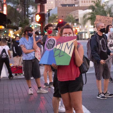 Unidentified individuals hold handmade posters at a demonstration organized by Black Lives Matter, Pasadena, 2020, KRT.D.B1.19.3462