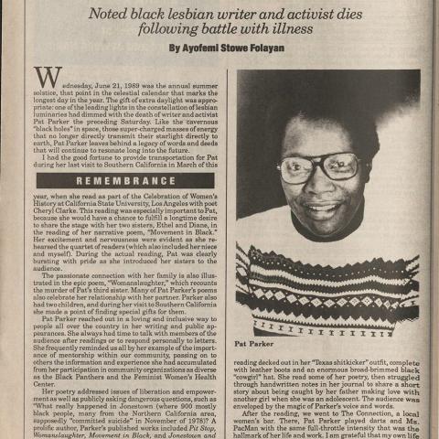Remembrance of Pat Parker in BLK magazine, HM1 .B54
