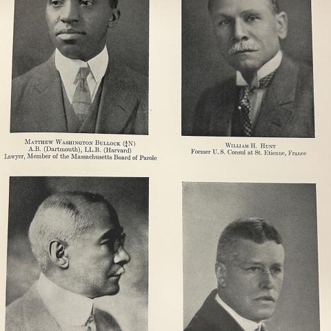 Head shots and profile pictures of four men participating in study: Matthew Washington Bullock, Lawyer and member of Massachusetts Board of Parole; William H. Hunt, former U.S. Consul at St. Etienne, France; Michael O. Dumas, Physician; and John Hope, President of Atlanta University; A Study of Some Negro-White Families in the United States, Caroline Bond Day, E185.62 D3