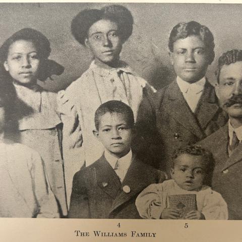 Photograph of two adults and five children that are a part of study participants the Williams Family; A Study of Some Negro-White Families in the United States, Caroline Bond Day, E185.62 D3
