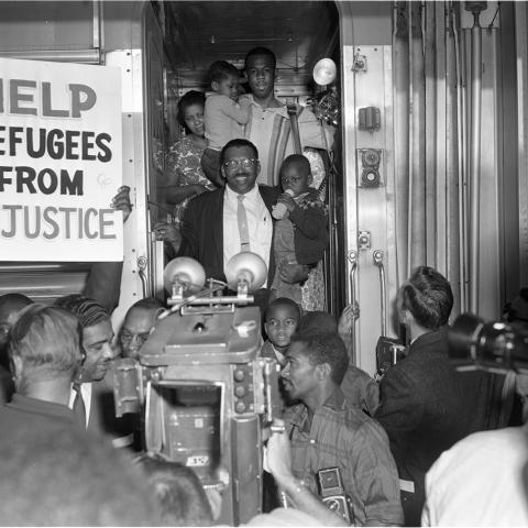 A displaced Louisiana family arriving in Los Angeles as a part of the “Reverse Freedom Ride,” 1962. Harry Adams Collection.  A displaced Louisiana family arriving in Los Angeles as a part of the “Reverse Freedom Ride,” 1962. Harry Adams Collection.
