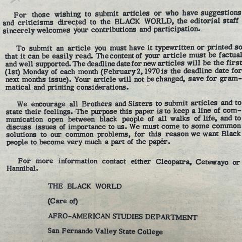 Informational text provided by the editors of The Black World explaining the periodical’s purpose and how to contribute articles. . The Black World, Vol. 1 No. 1, February 1970. E185.5.B86. 