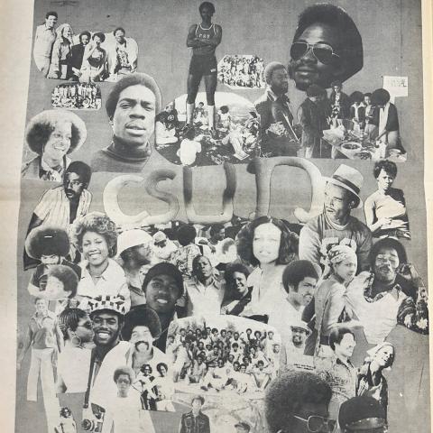 Black and white photograph collage of Black CSUN students. The Black World, Vol. 3 No. 1, January 1976. E185.5.B86. 