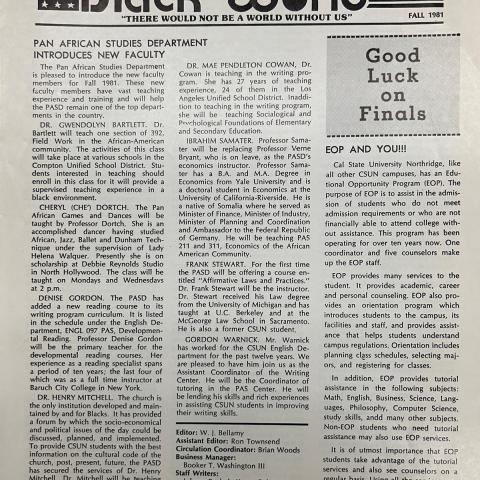 Front page of The Black World announcing new faculty in the Pan African Studies Department. The Black World, Fall 1981. E185.5.B86.