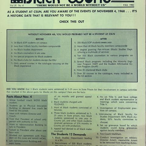 Front page of The Black World commemorating the events of November 1968 and the progress made as a result of student and faculty protests. The Black World, Fall 1982. E185.5.B86. 