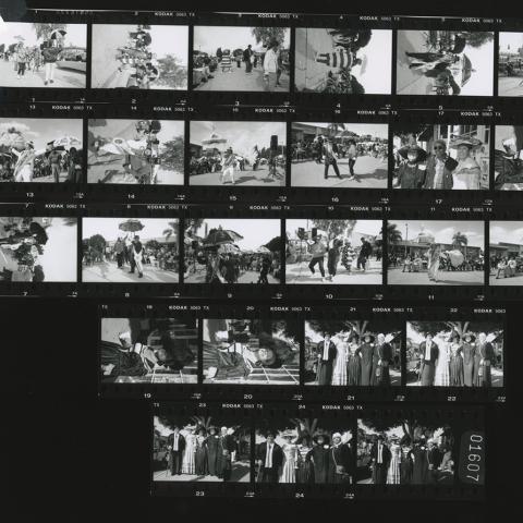 Hicks’s contact sheet from LALA Mardi Gras, featuring attendees dressed in traditional New Orleans regalia. Calvin Hicks Collection. Hicks’s contact sheet from LALA Mardi Gras, featuring attendees dressed in traditional New Orleans regalia. Calvin Hicks Collection.