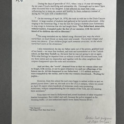 Typed page from Harry Chitjian about his family history and remembrance of his father, Zaruhy “Sara” Chitjian Collection
