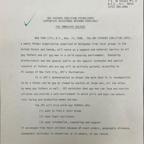 Typed page announcing the new formation of the Gay Fathers Coalition, Homosexual Information Center Subject Files Collection