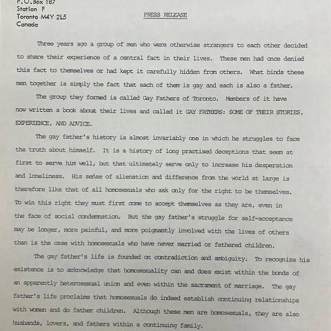 Typed press release from Gay Fathers of Toronto for the book Gay Fathers: Some of Their Stories, Experience, and Advice, Homosexual Information Center Subject Files Collection