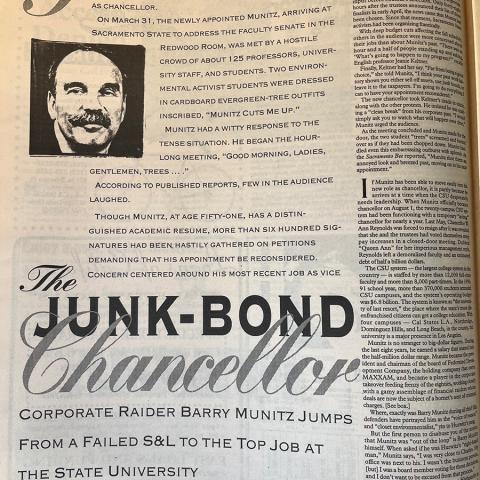 Article on CSU Chancellor appointee, Barry Munitz, October 4, 1991. NX1 .R42